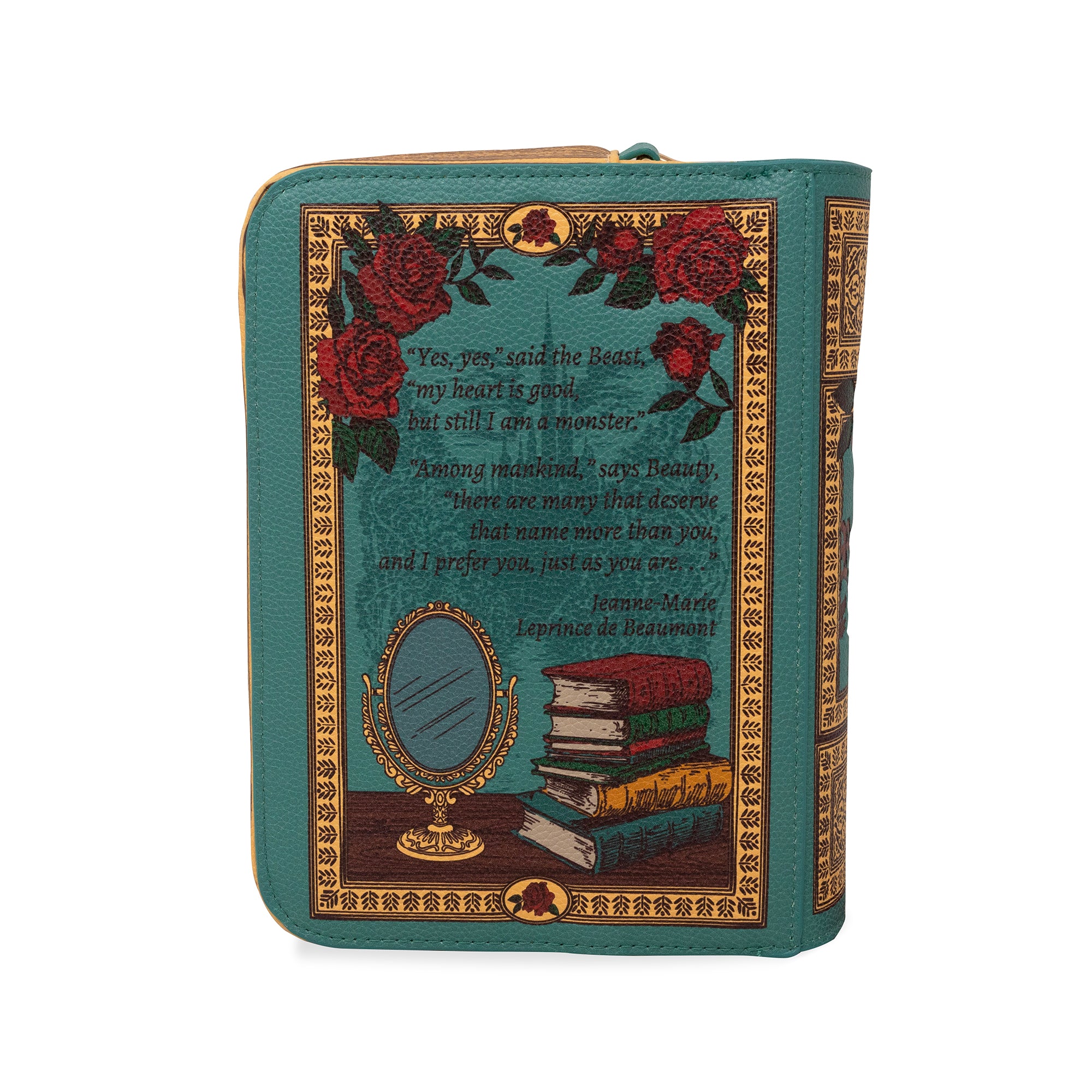 back view of Book-shaped handbag with 'Beauty and the Beast' design on a white background