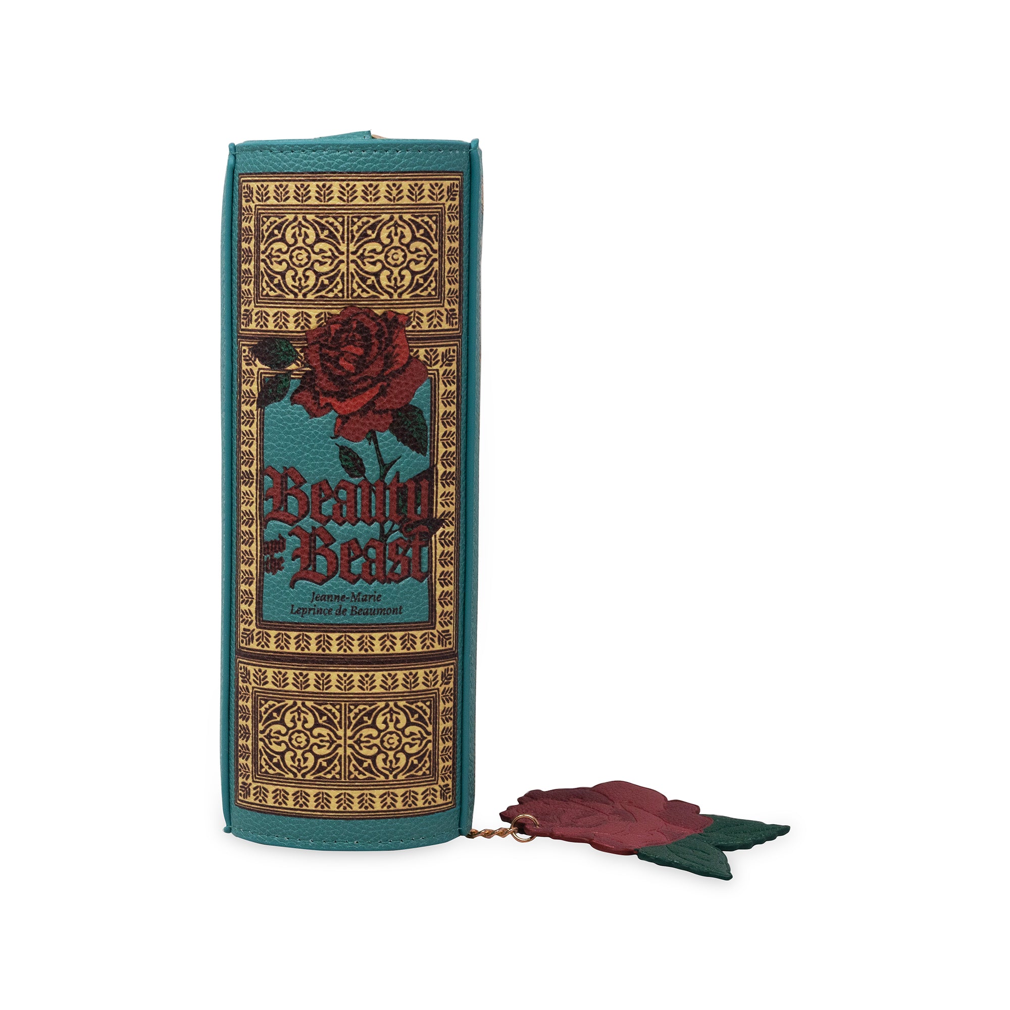 spine of Book-shaped handbag with 'Beauty and the Beast' design on a white background