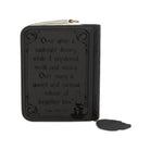 A black zippered crossbody styled like a book cover, featuring an embossed quote from Edgar Allan Poe's 'The Tell-Tale Eye' and a small black wax seal charm, shown on a white background.