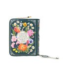 A small zip-around wallet with a dark green background and a colorful floral border, featuring a central white oval with the quote, 'IF YOU LOOK THE RIGHT WAY YOU CAN SEE THAT THE WHOLE WORLD IS A GARDEN.' The wallet is shown closed on a plain white background with a decorative pull tab.