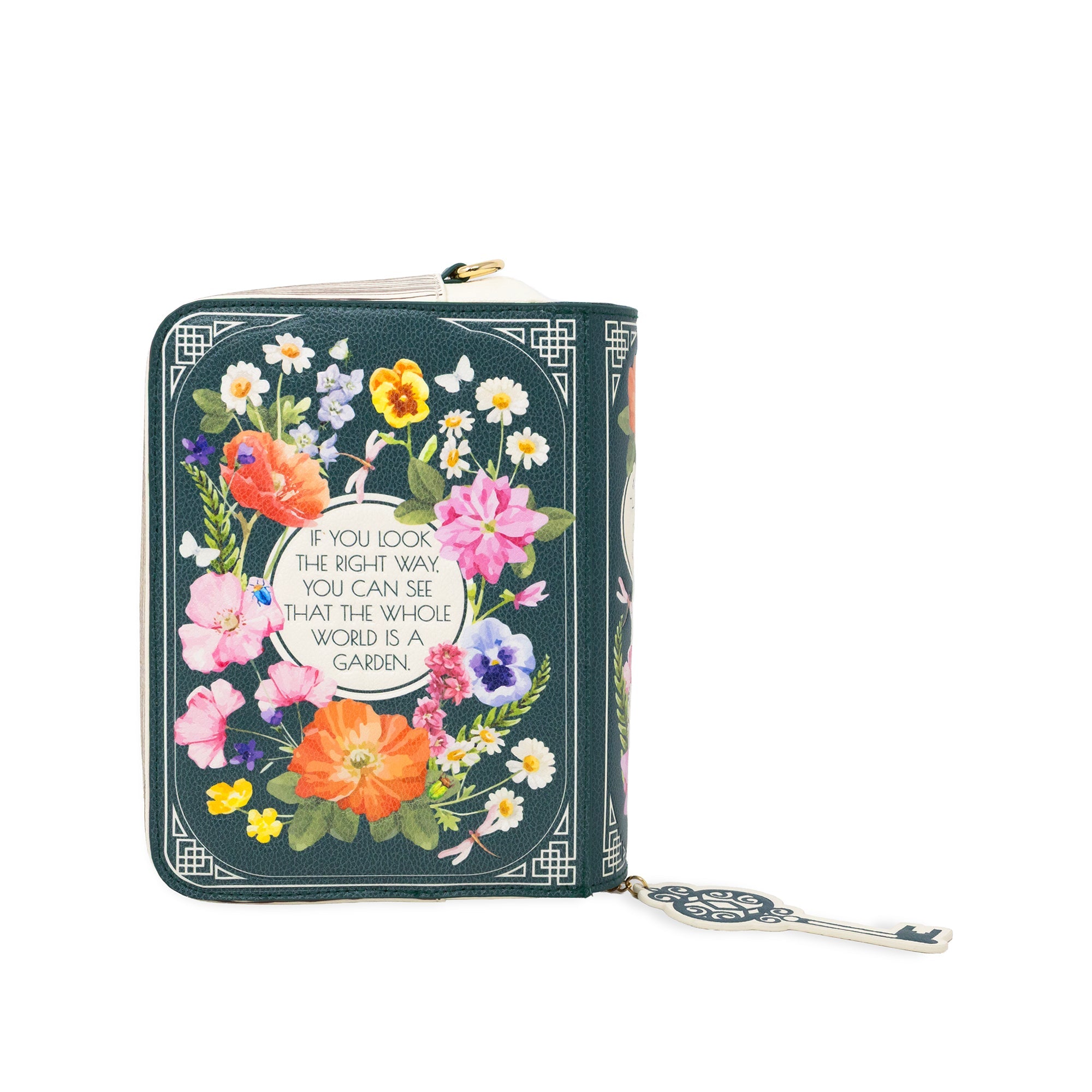 A small zip-around wallet with a dark green background and a colorful floral border, featuring a central white oval with the quote, 'IF YOU LOOK THE RIGHT WAY YOU CAN SEE THAT THE WHOLE WORLD IS A GARDEN.' The wallet is shown closed on a plain white background with a decorative pull tab.