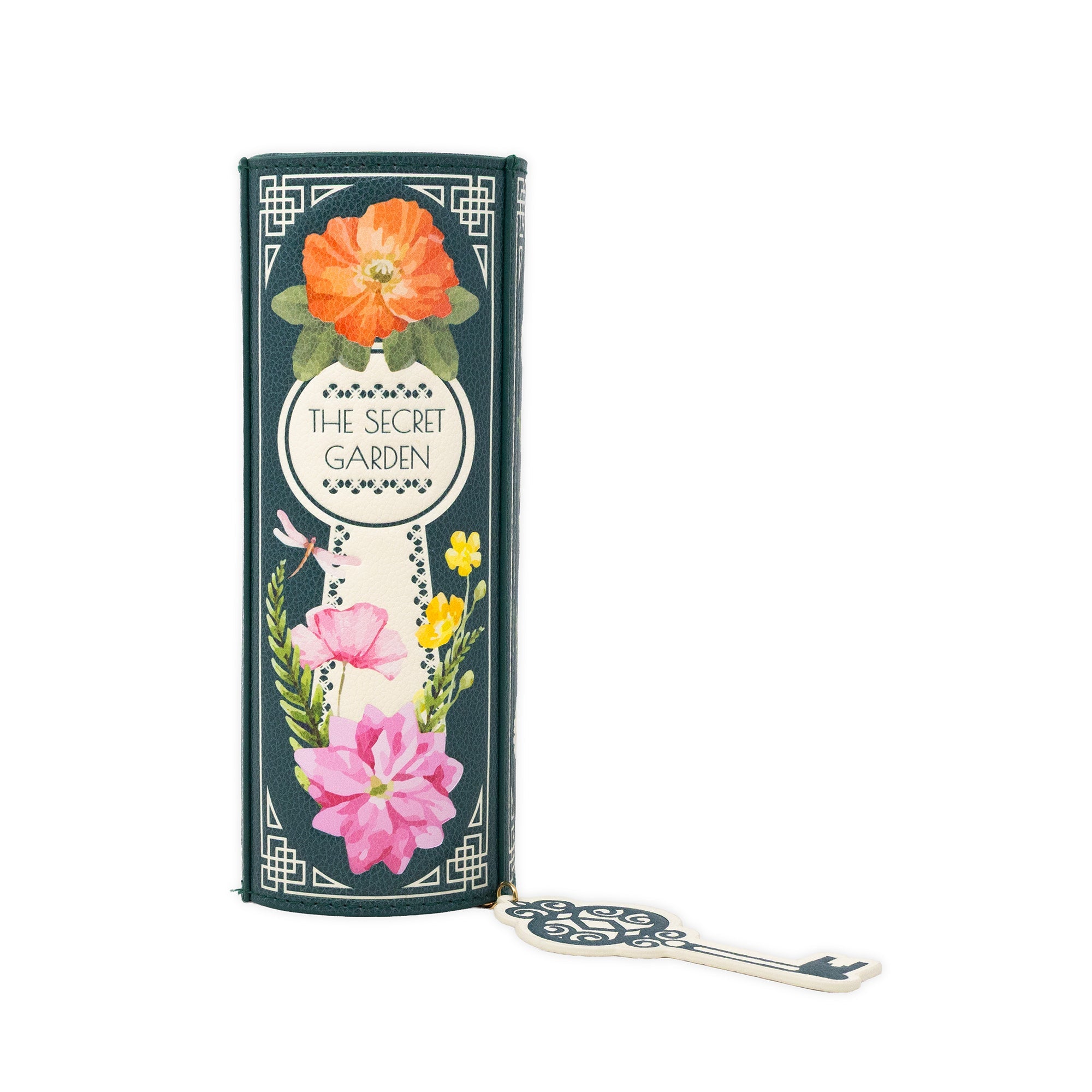 The Secret Garden key-shaped box with a decorative floral illustration and a silver key resting in front, set against a plain white background.
