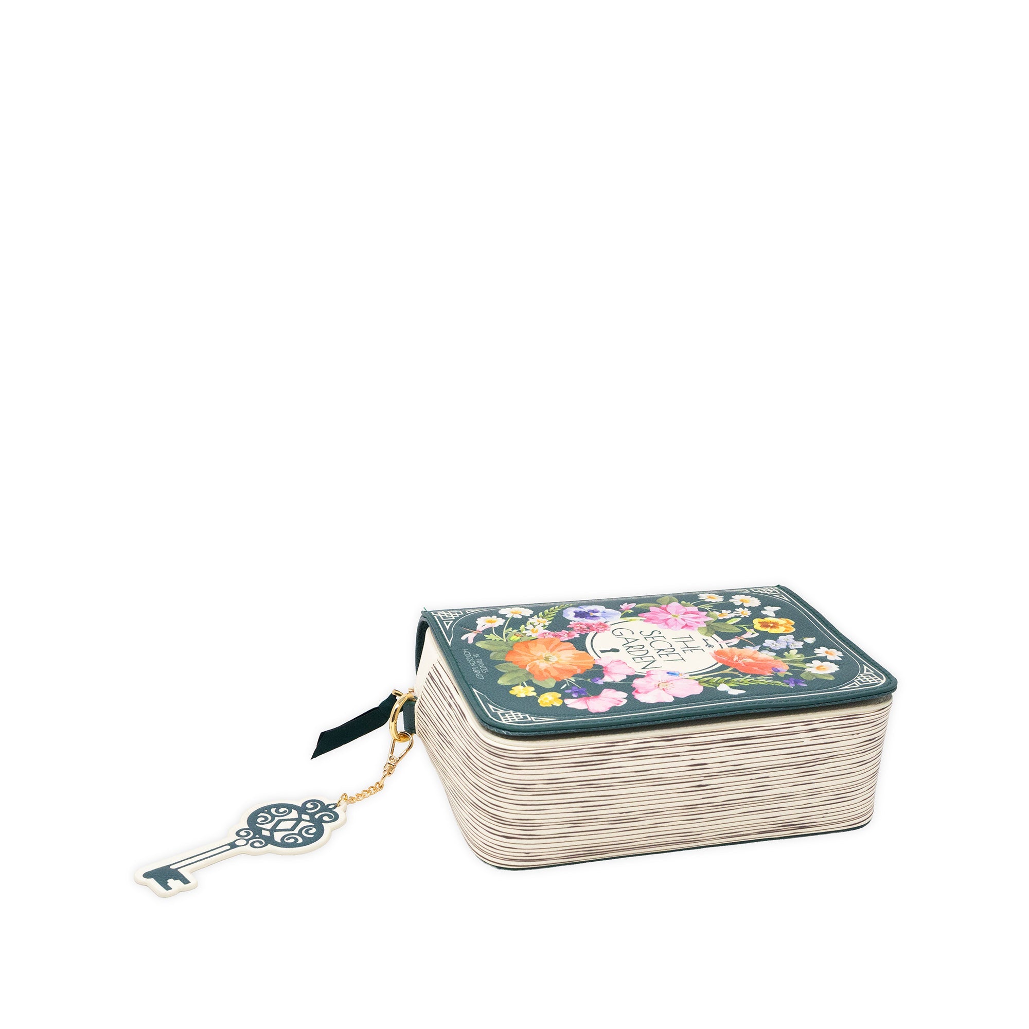 A rectangular wicker storage box with a floral printed lid and a hanging decorative key charm, shown on a plain white background.