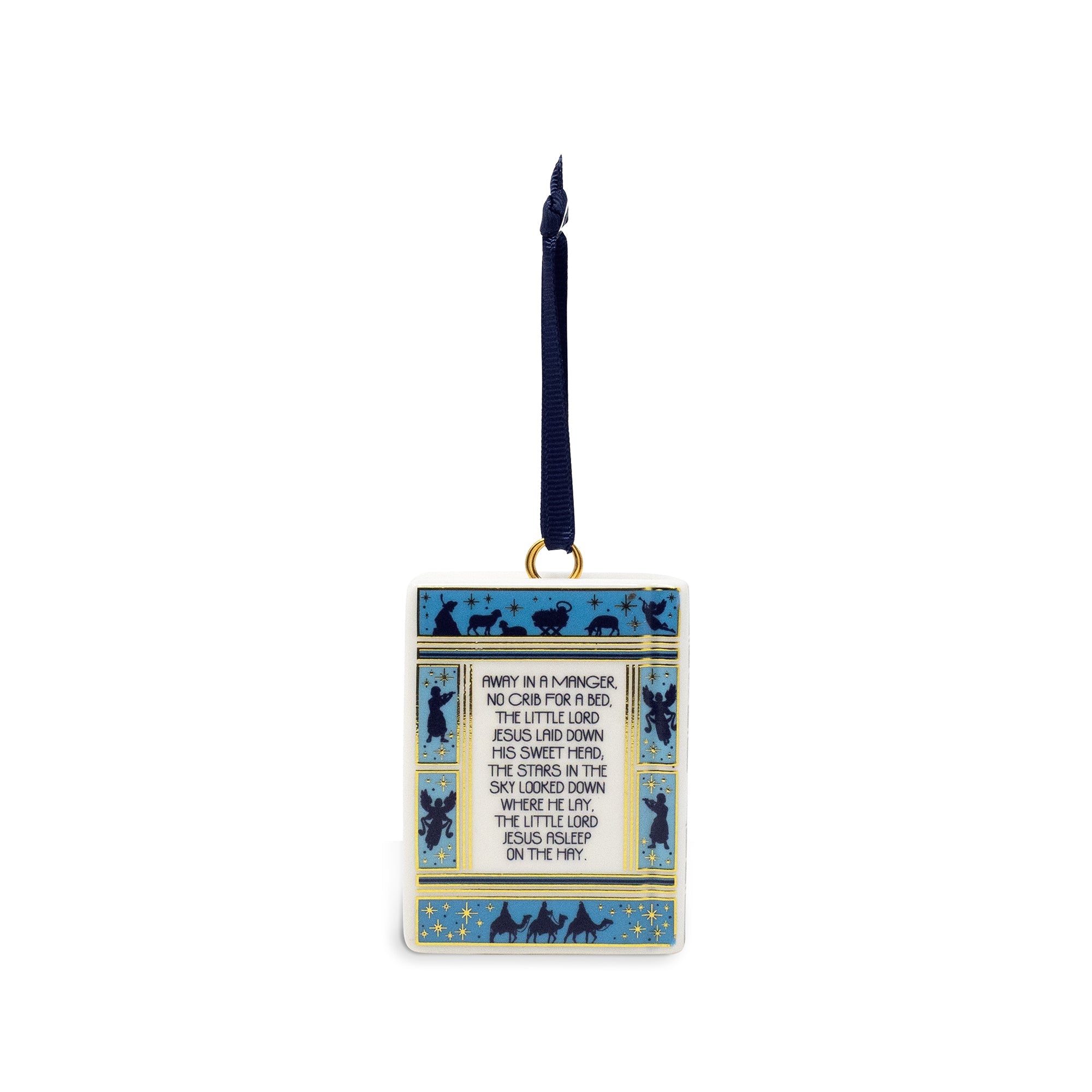 A rectangular hanging ornament with a dark blue ribbon loop, featuring a cream background with blue and gold decorative borders and printed text about the Holy Trinity, shown on a plain white background.