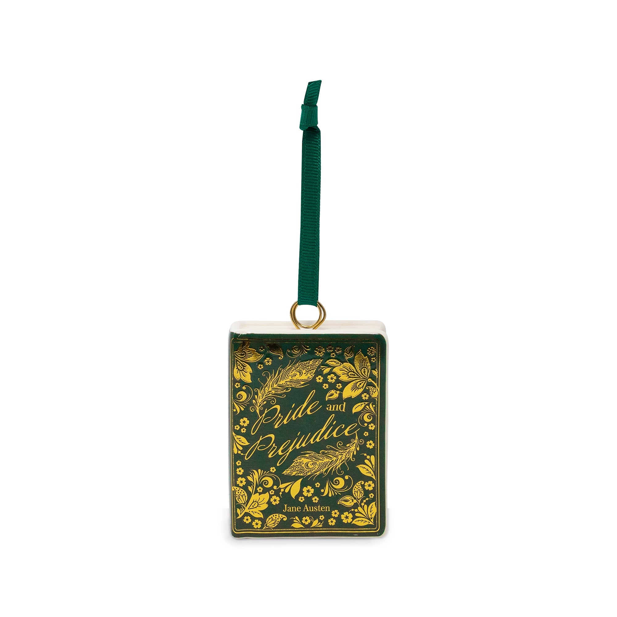A square decorative ornament inspired by Jane Austen's 'Pride and Prejudice', featuring a dark green background with gold floral and script lettering, a white top border, a gold hanging ring, and a dark green ribbon loop at the top, shown on a plain white background.