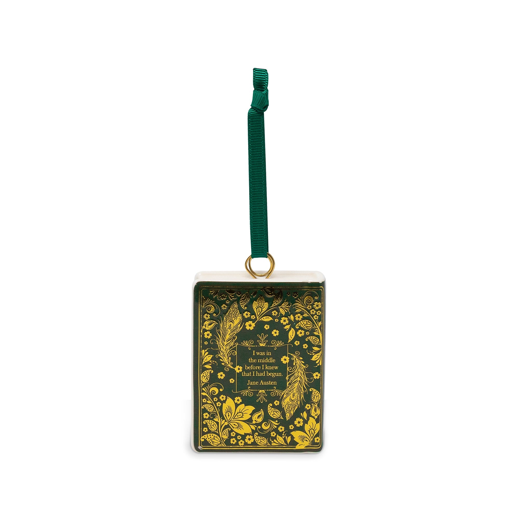 A square Christmas ornament featuring a dark green background with intricate gold floral and leaf patterns, a small gold hanging ring, and a dark green hanging ribbon at the top.