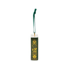 A decorative book-shaped ornament hanging from a dark green ribbon. The ornament is designed to look like an antique book with a dark green cover, ornate gold floral border, and gold script reading 'Pride and Prejudice'.