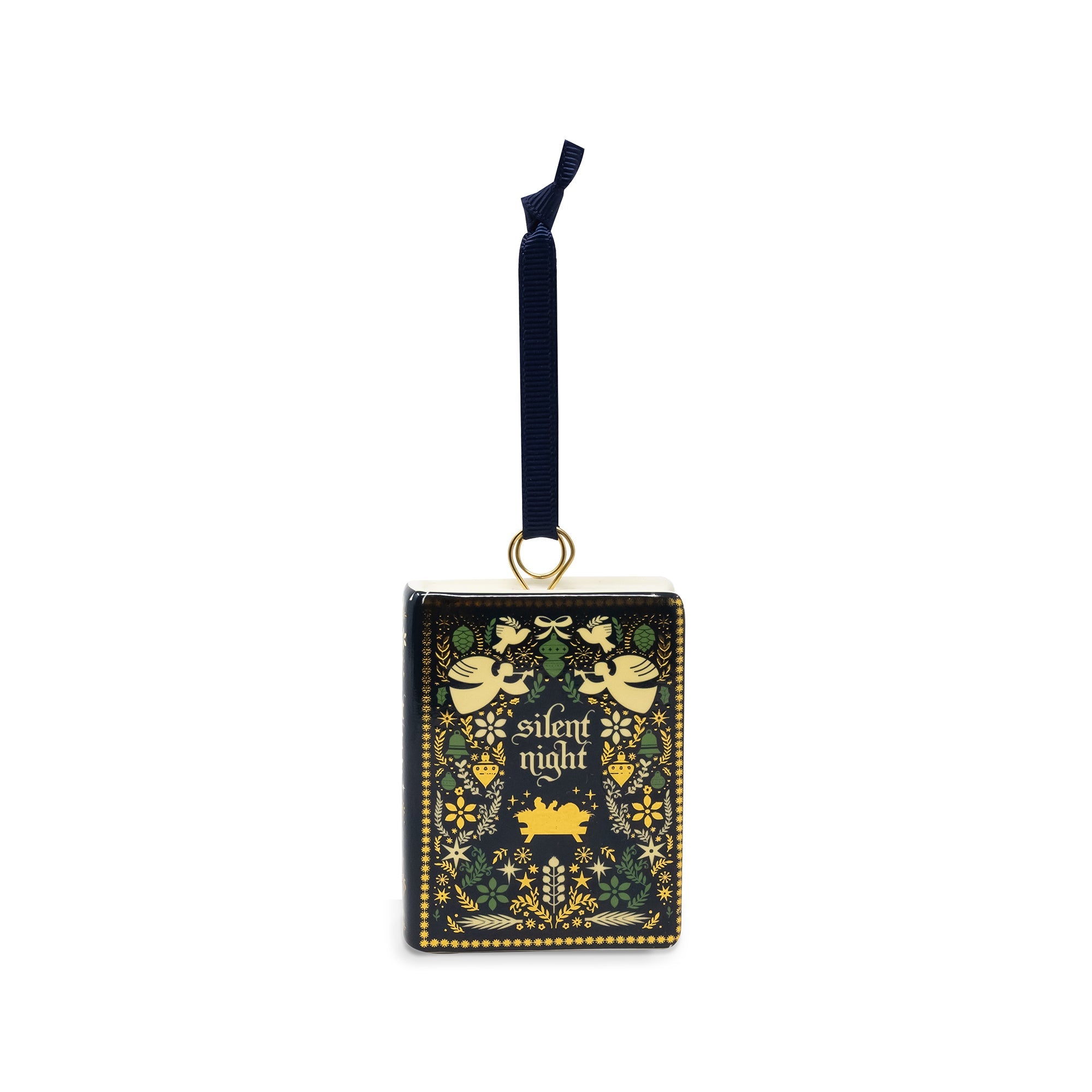 A decorative book-shaped ornament featuring the title 'A Silent Night' in gold lettering, decorated with a dark navy blue and gold pattern of birds, stars, and musical notes. It has a hanging loop at the top and is shown on a plain white background.
