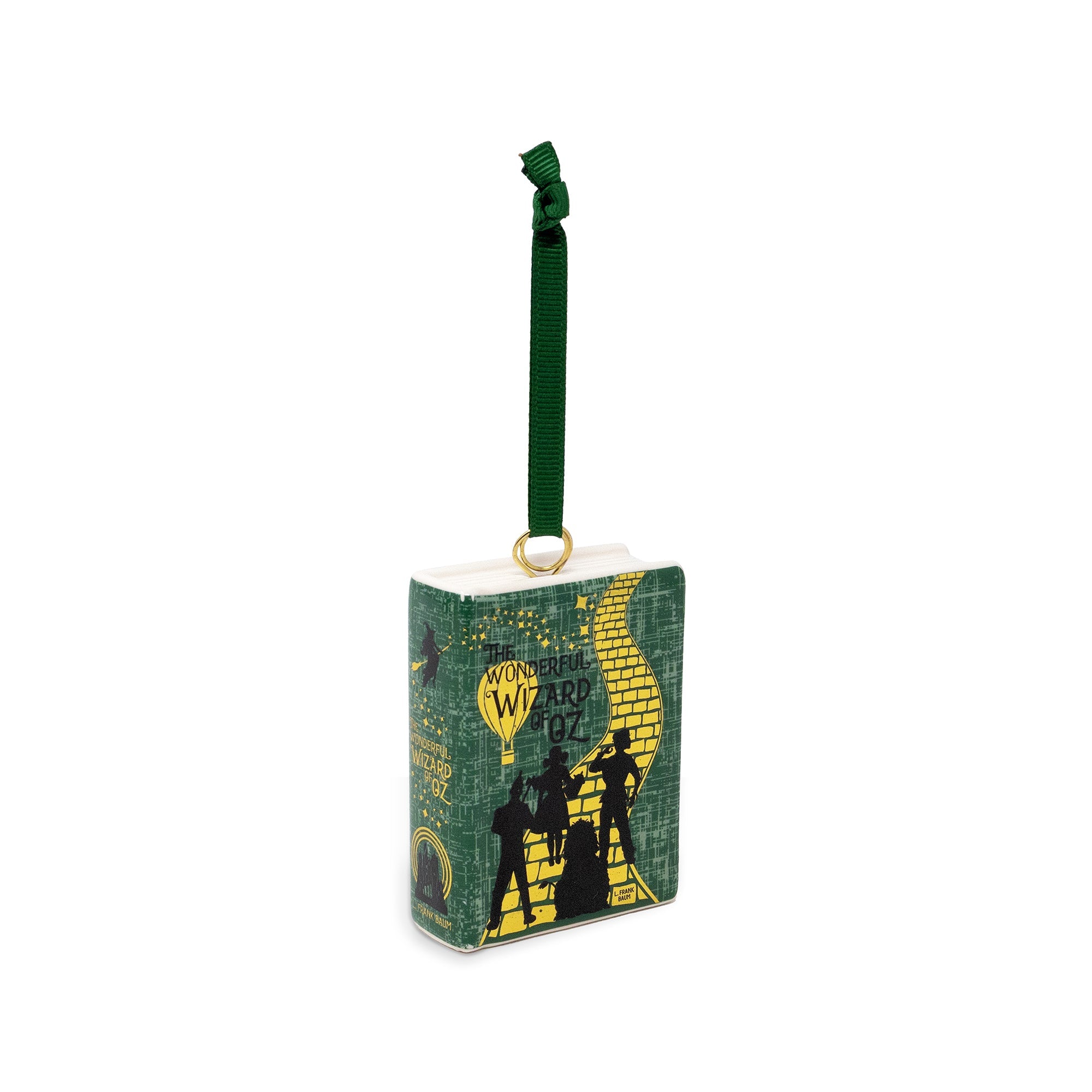 A small decorative ornament shaped like the book 'The Wonderful Wizard of Oz' with a green ribbon loop at the top, shown on a plain white background.