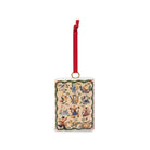 A rectangular hanging ornament with a red hanging ribbon and gold ring, featuring a vintage-style illustrated scene on a cream background with green border details.
