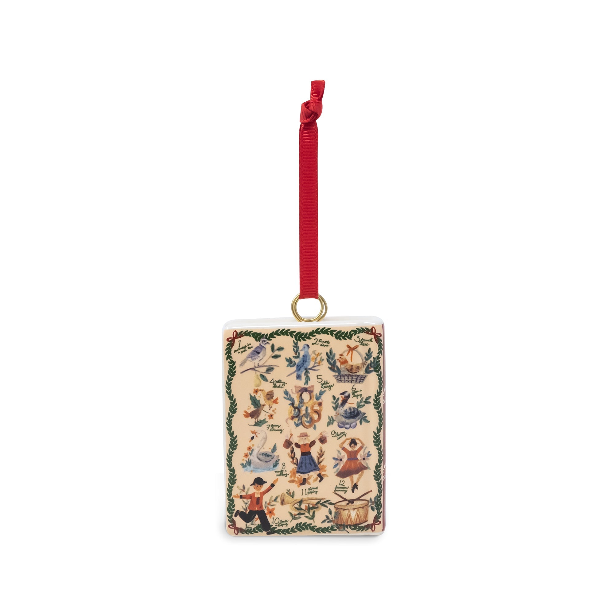 A rectangular hanging ornament with a red hanging ribbon and gold ring, featuring a vintage-style illustrated scene on a cream background with green border details.
