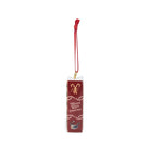 A rectangular Christmas ornament in deep red with white decorative and a gold hanging loop at the top, shown on a plain white background.