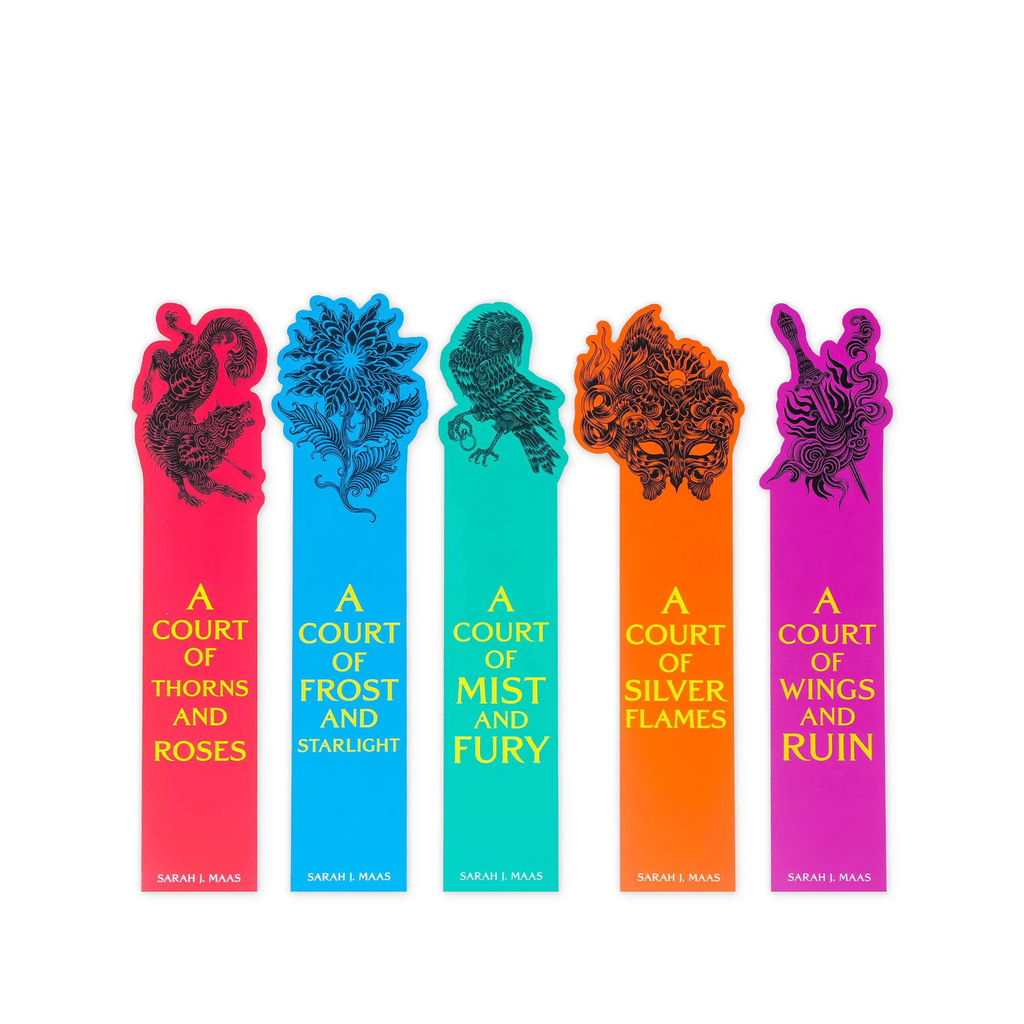 Five colorful bookmarks with book titles and illustrations on a white background