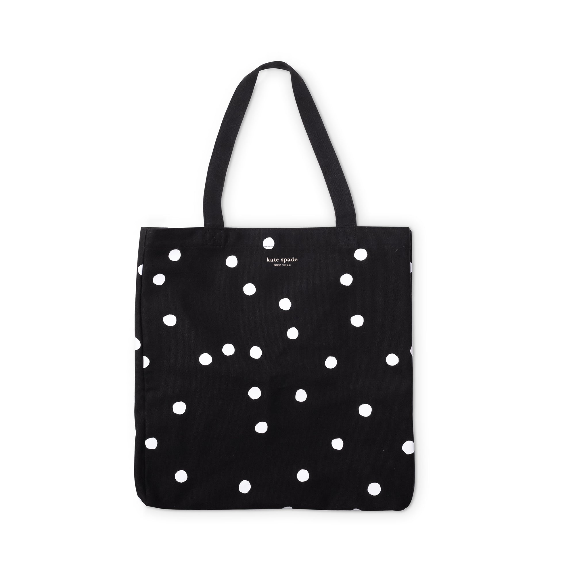 black canvas book tote with black and white polka dot print