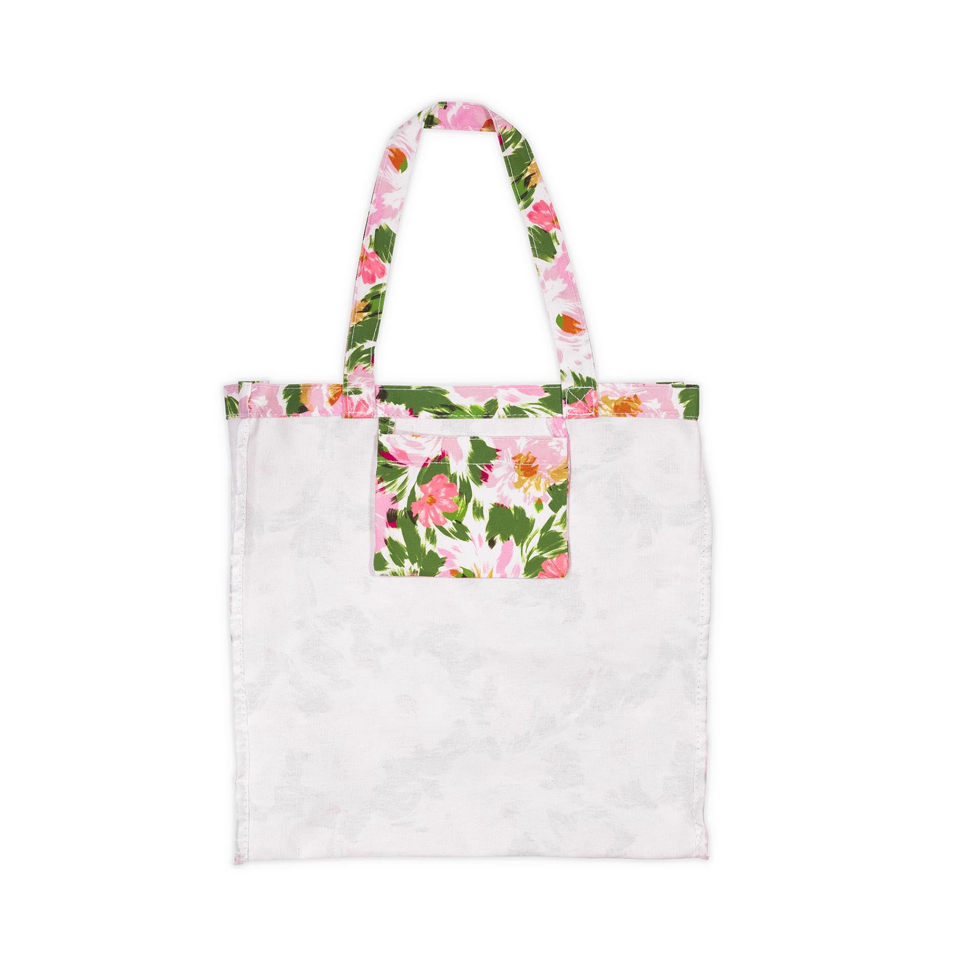 White tote bag with floral pattern on a white background