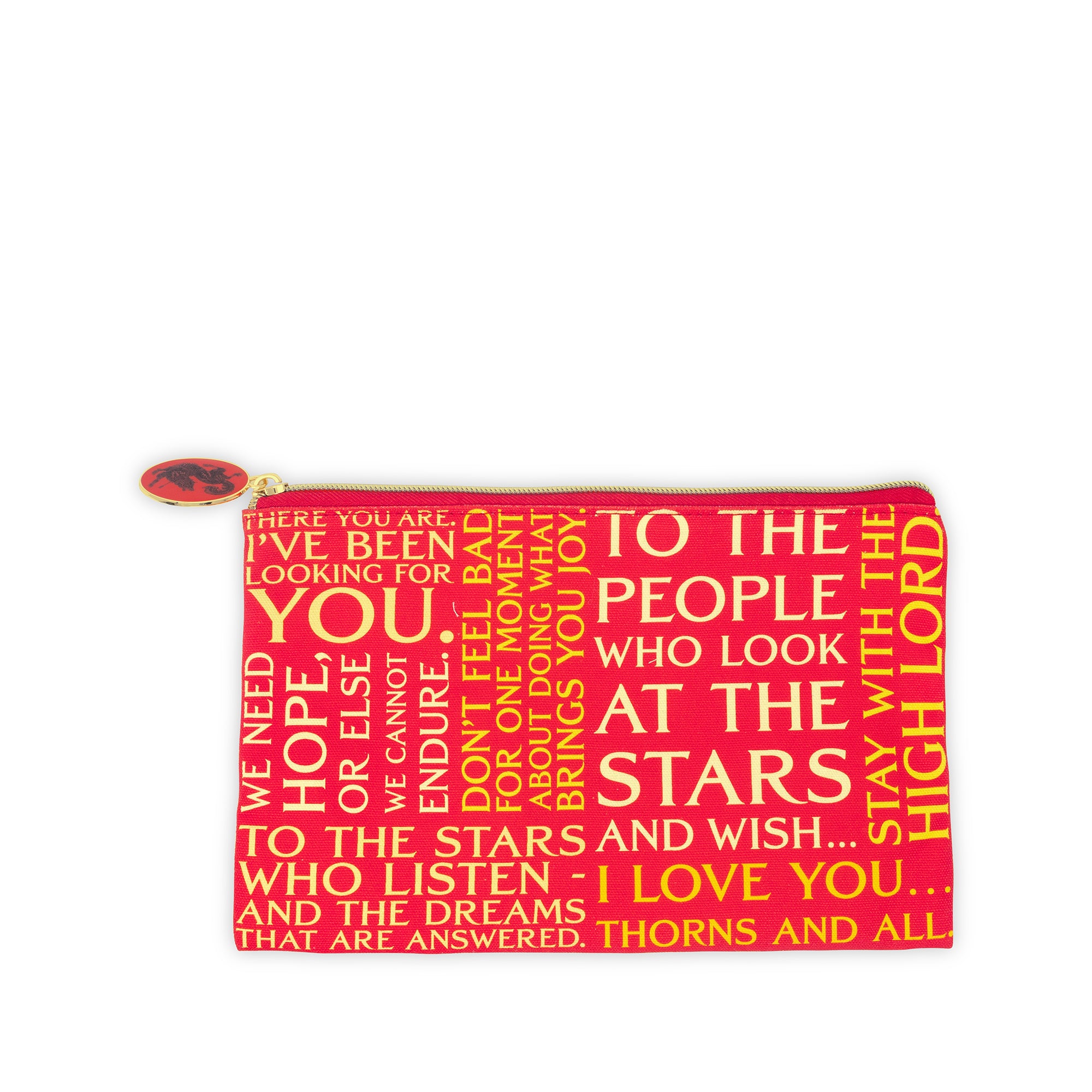 Red pouch with yellow text on a white background