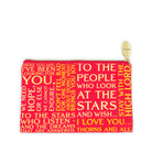 Red pouch with yellow text on a white background