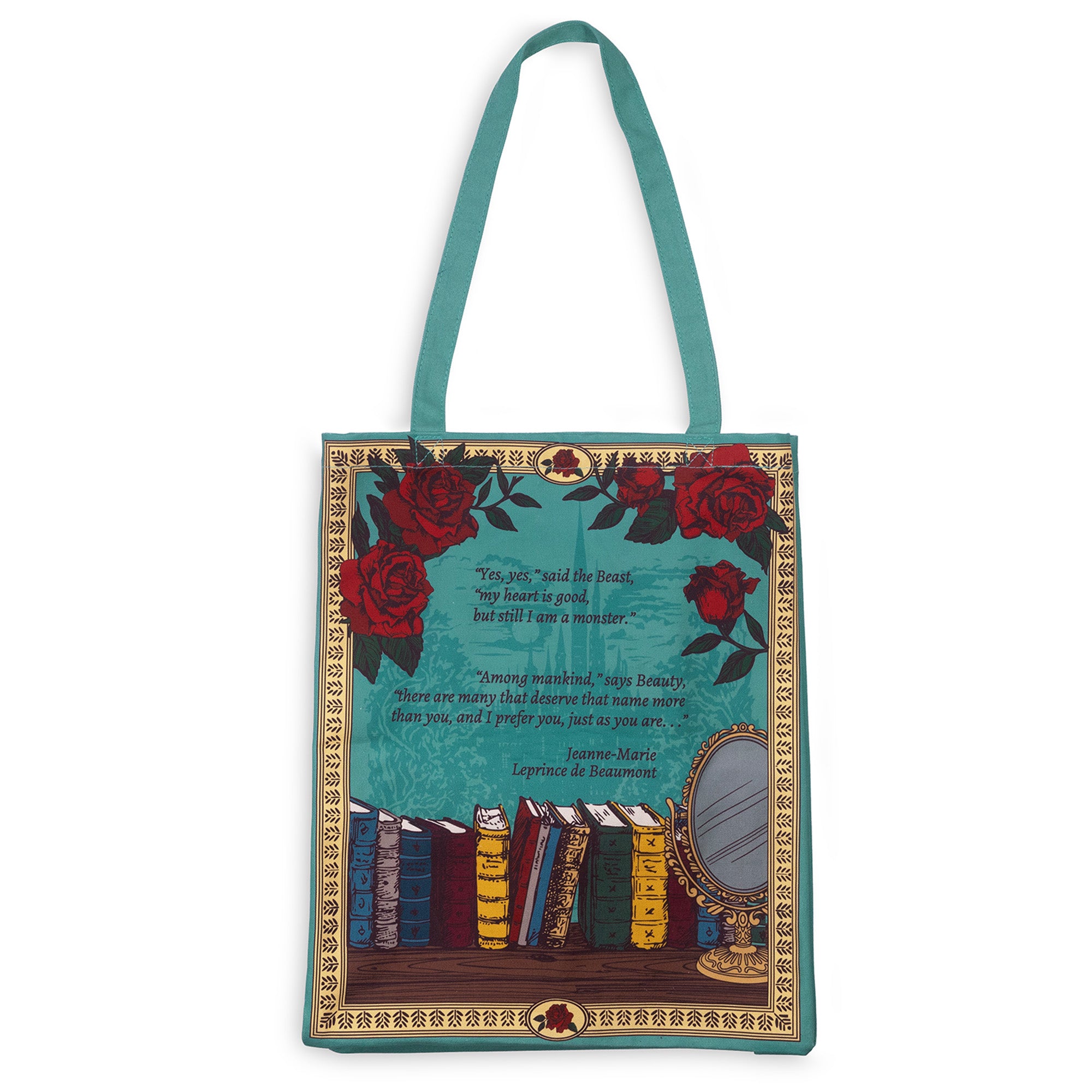 back view of teal beauty and the beast 'book cover' tote bag
