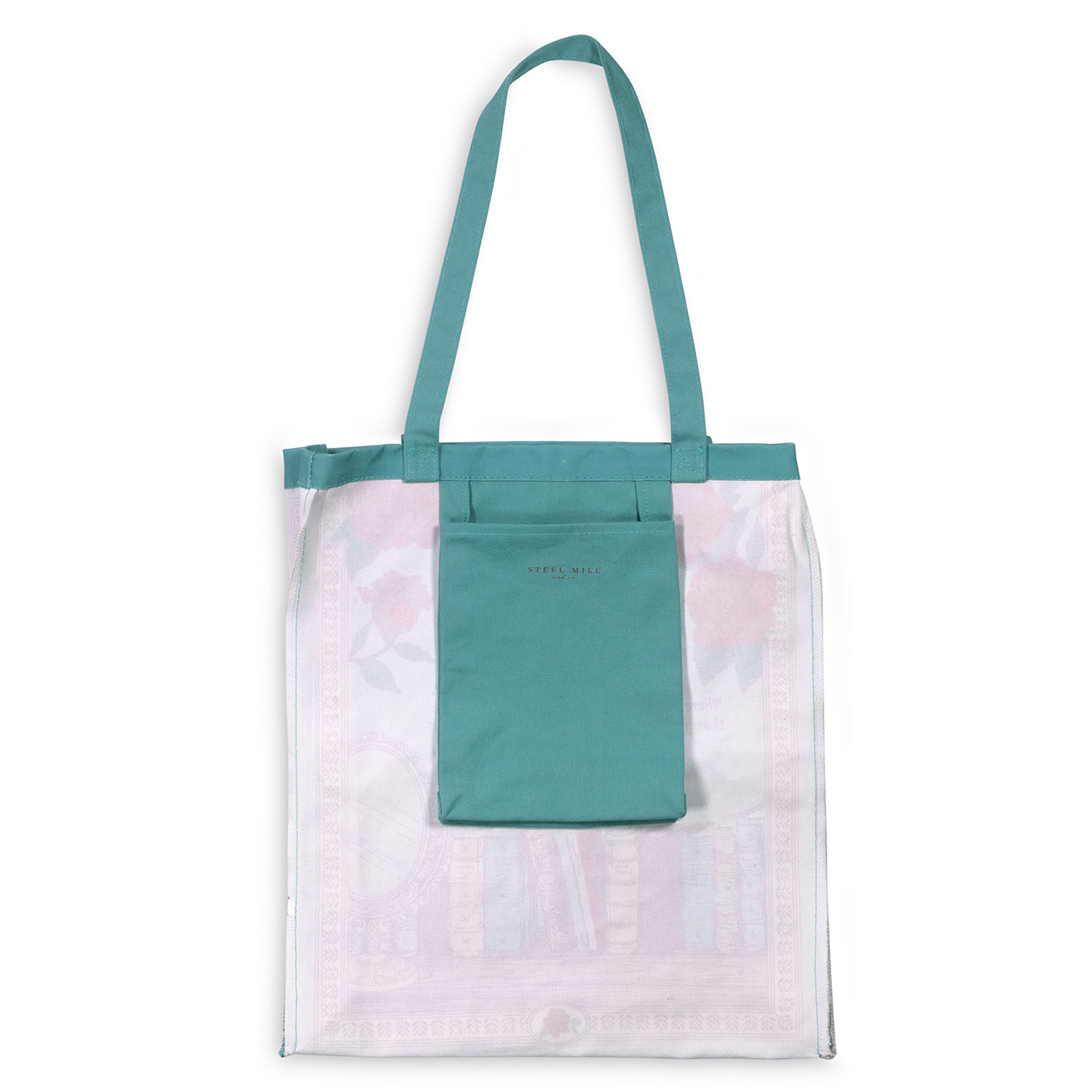 interior of teal beauty and the beast 'book cover' tote bag