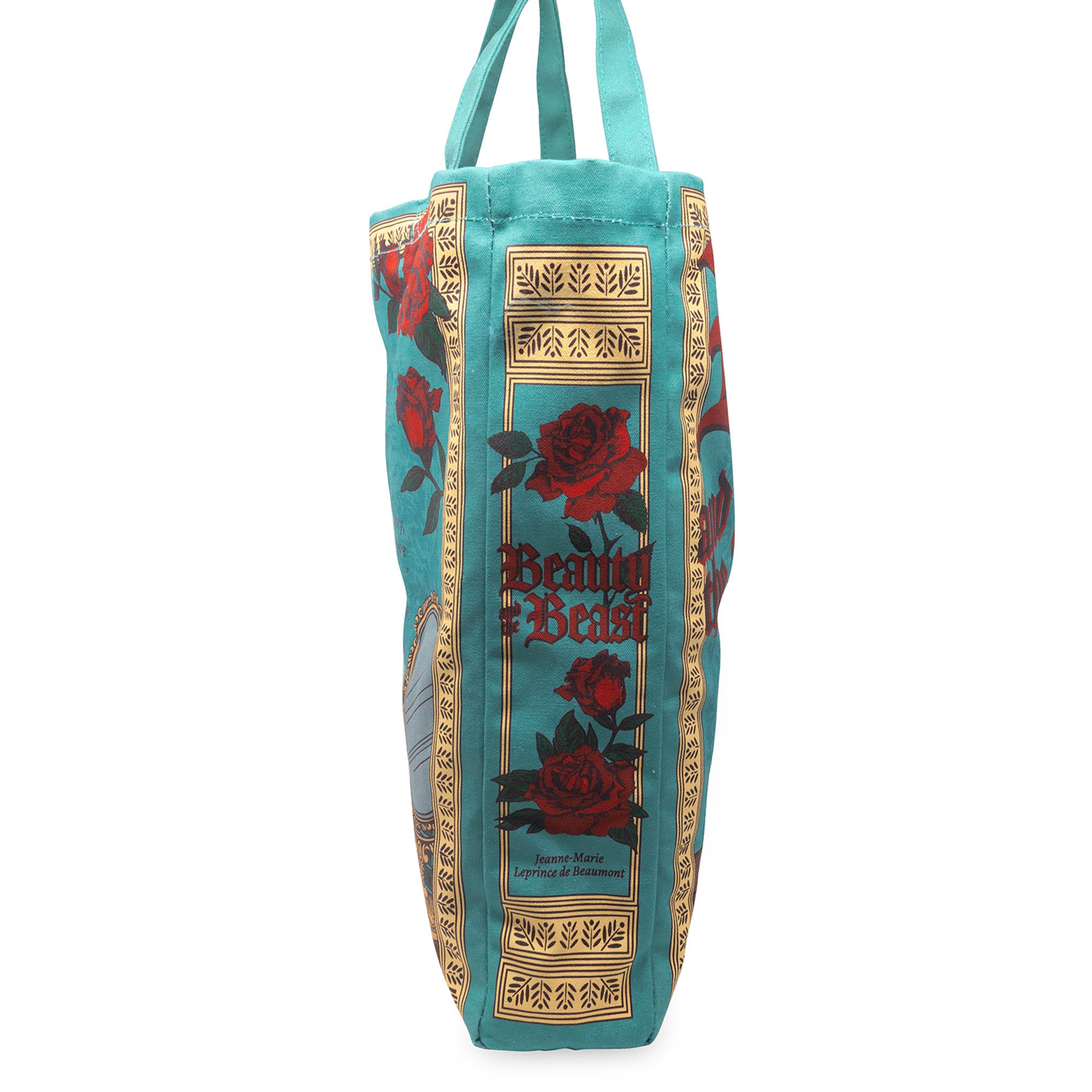 side view of teal beauty and the beast 'book cover' tote bag