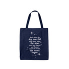 Navy tote bag with white text and star graphics on a white background