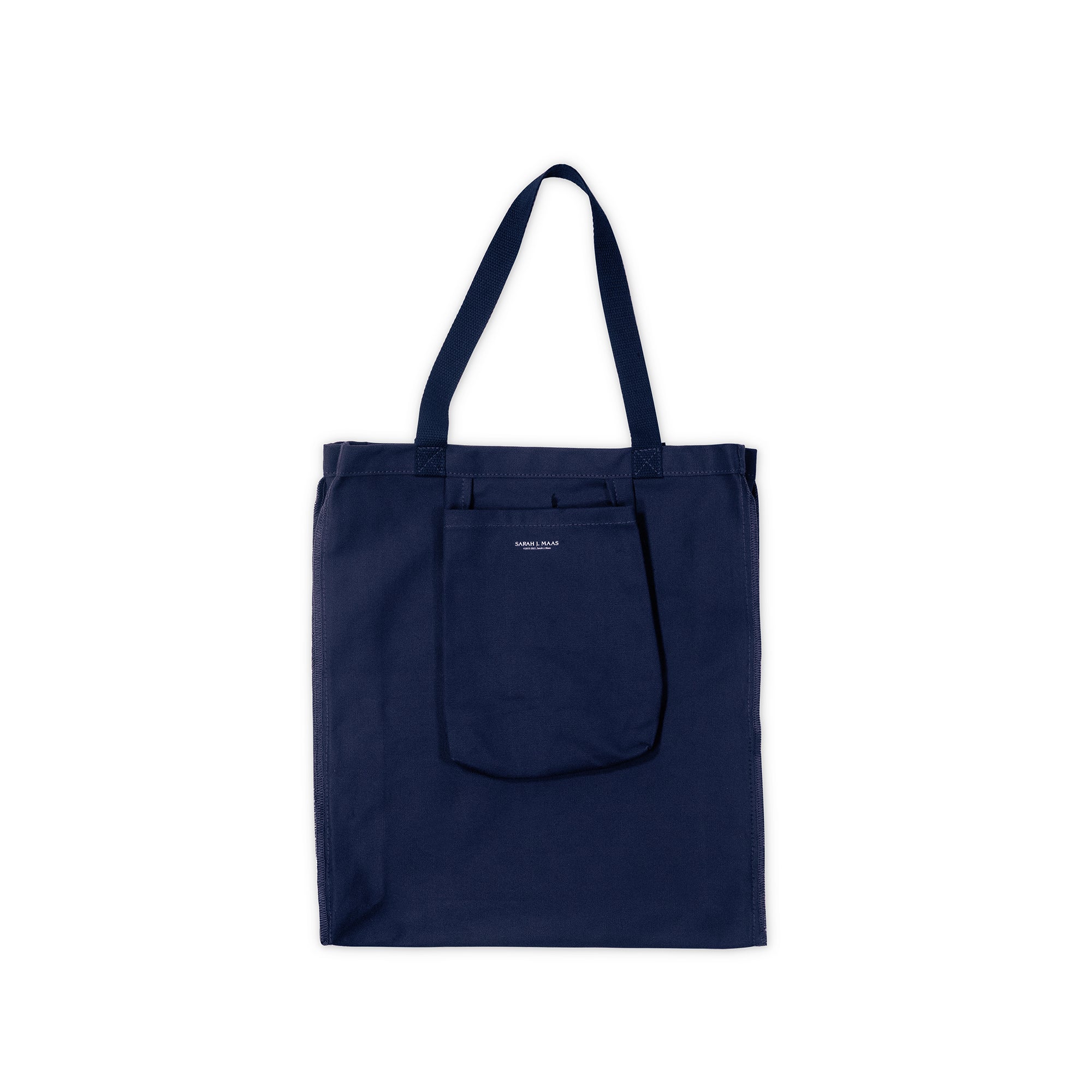 Navy blue tote bag with a pocket on a white background