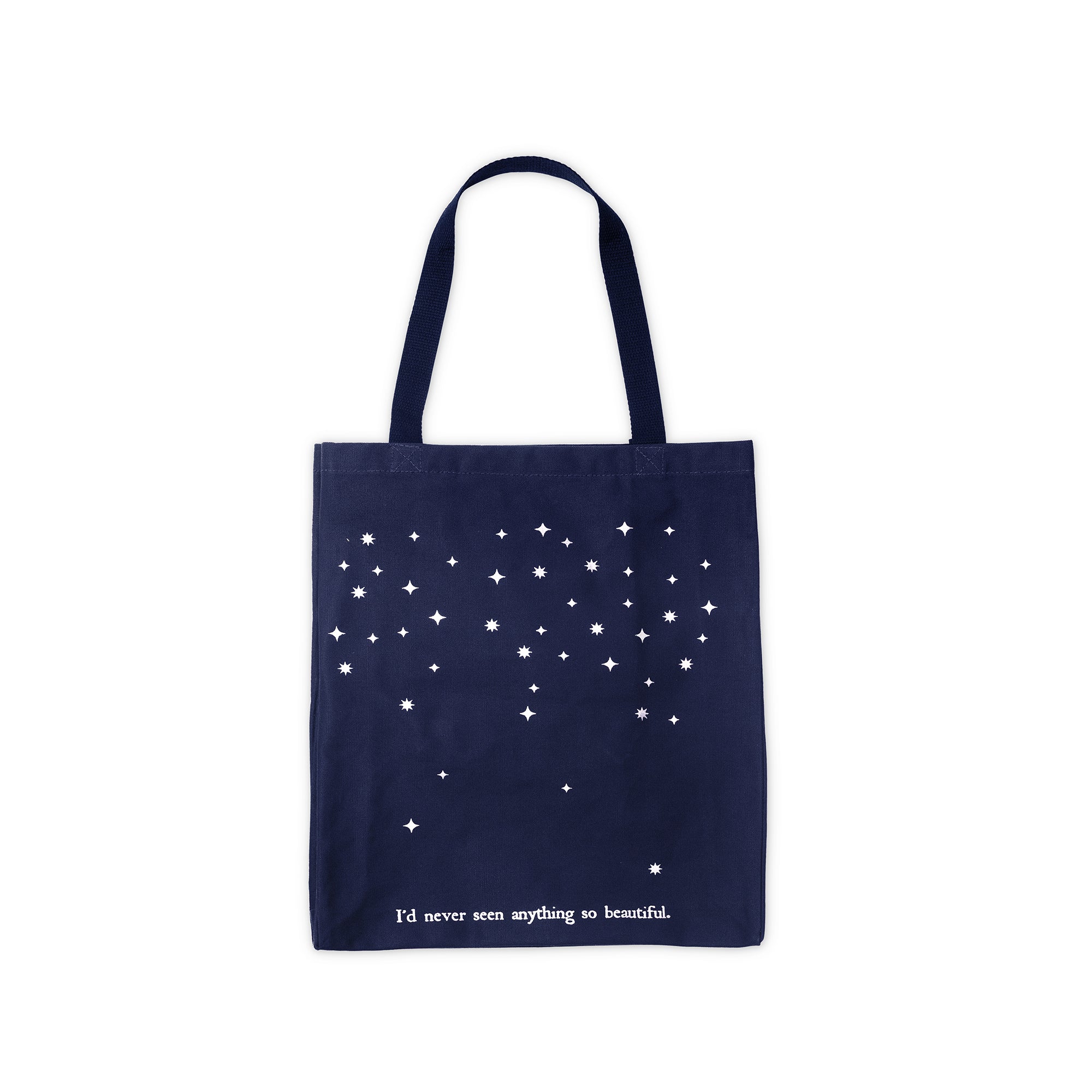 Navy tote bag with star pattern and text on a white background