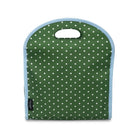 Green polka dot bag with white handle on a white background