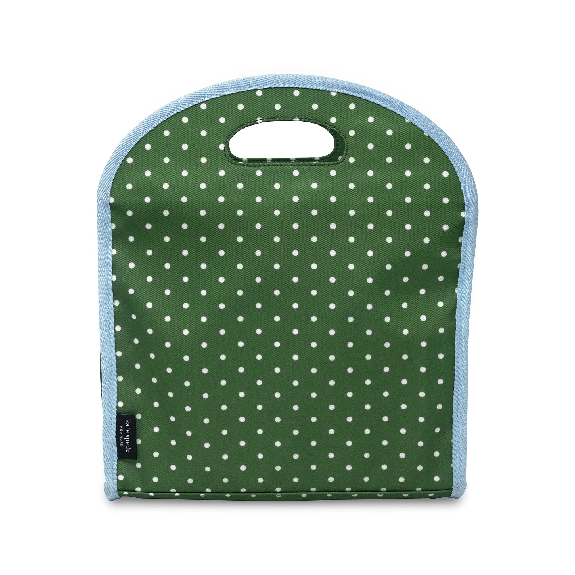 Green polka dot bag with white handle on a white background