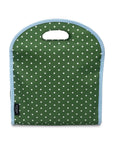 Green polka dot bag with white handle on a white background