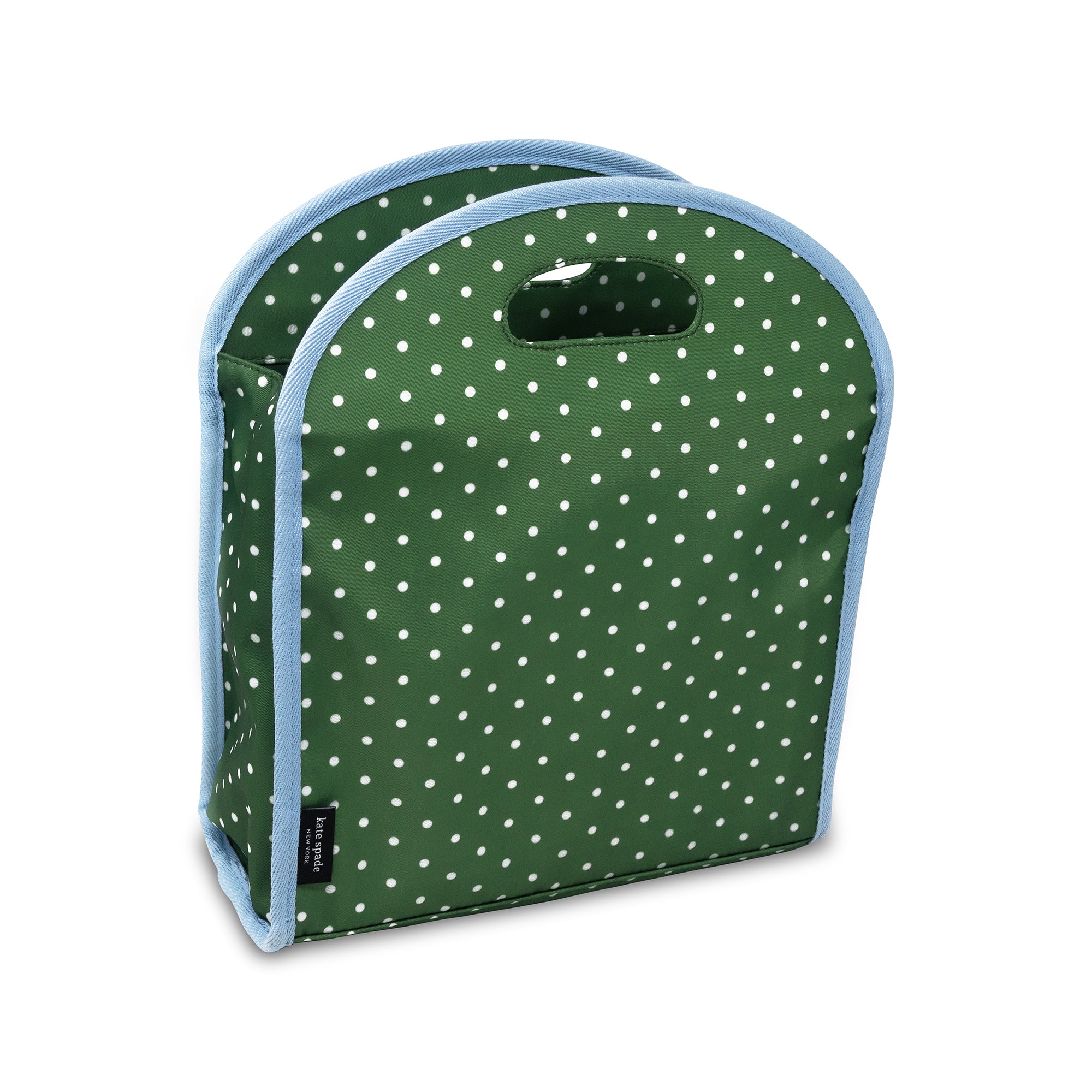Green polka dot bag with blue trim on a white background