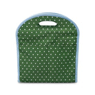 Green bag with white polka dots and blue trim on a white background