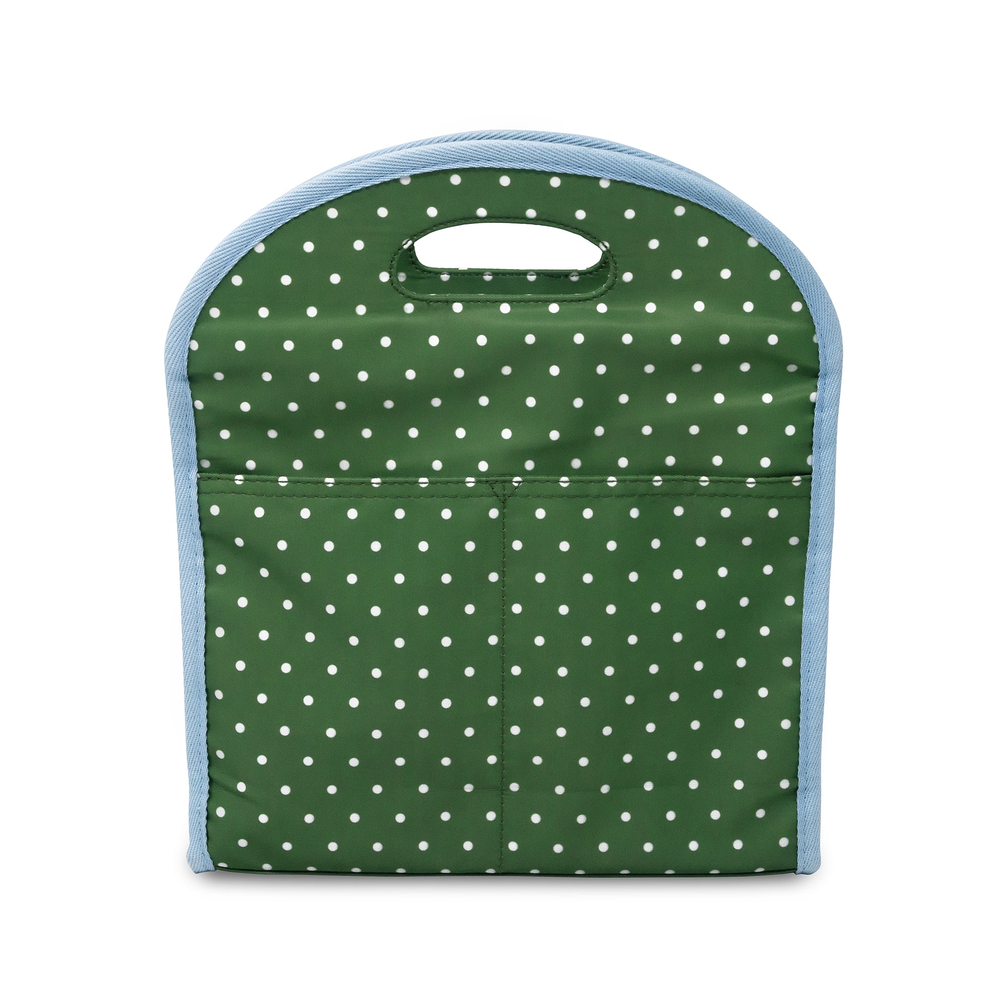 Green bag with white polka dots and blue trim on a white background
