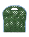 Green bag with white polka dots and blue trim on a white background