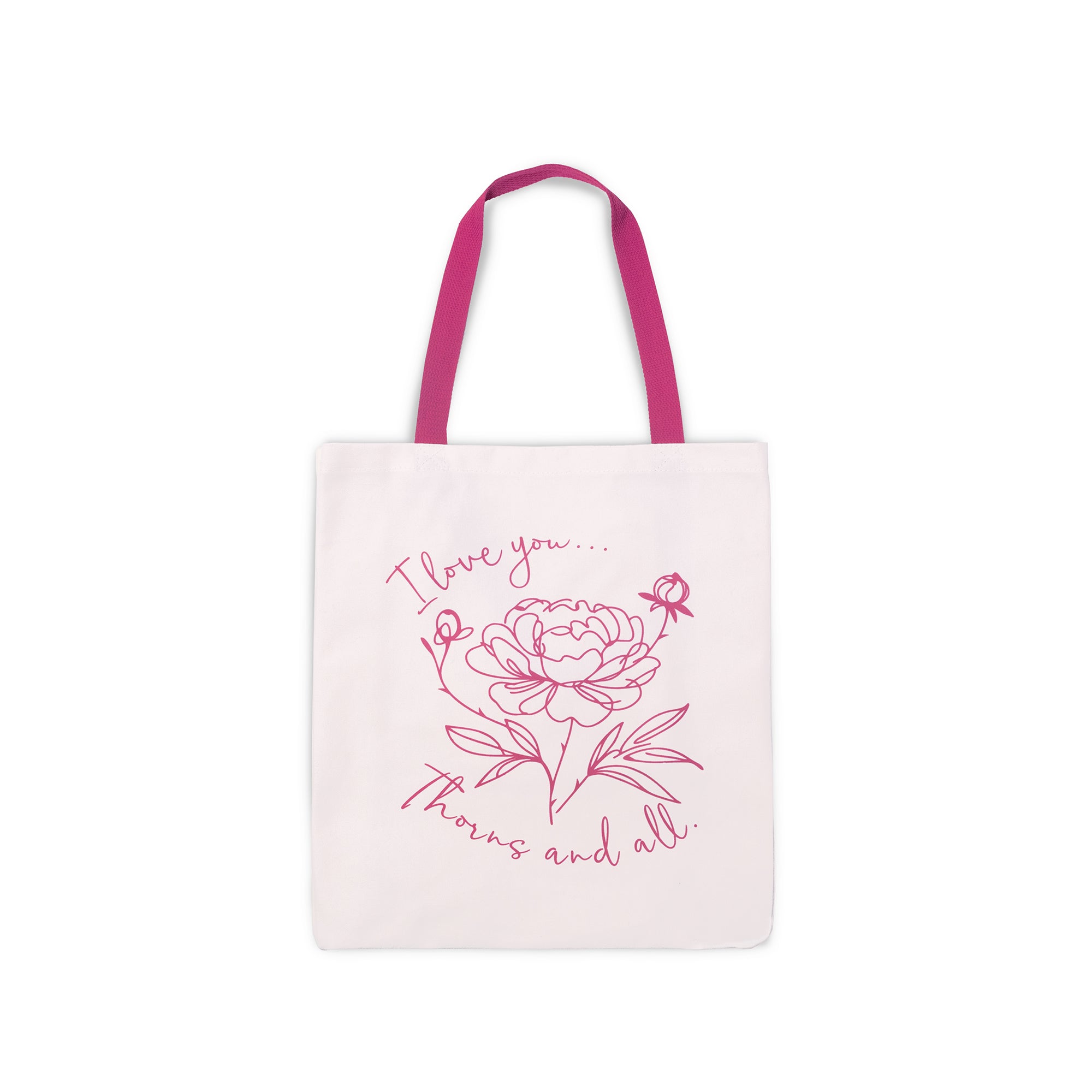 Tote bag with floral design and text on a white background