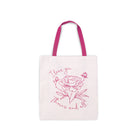 Tote bag with floral design and text on a white background