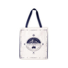Tote bag with a logo and text on a white background