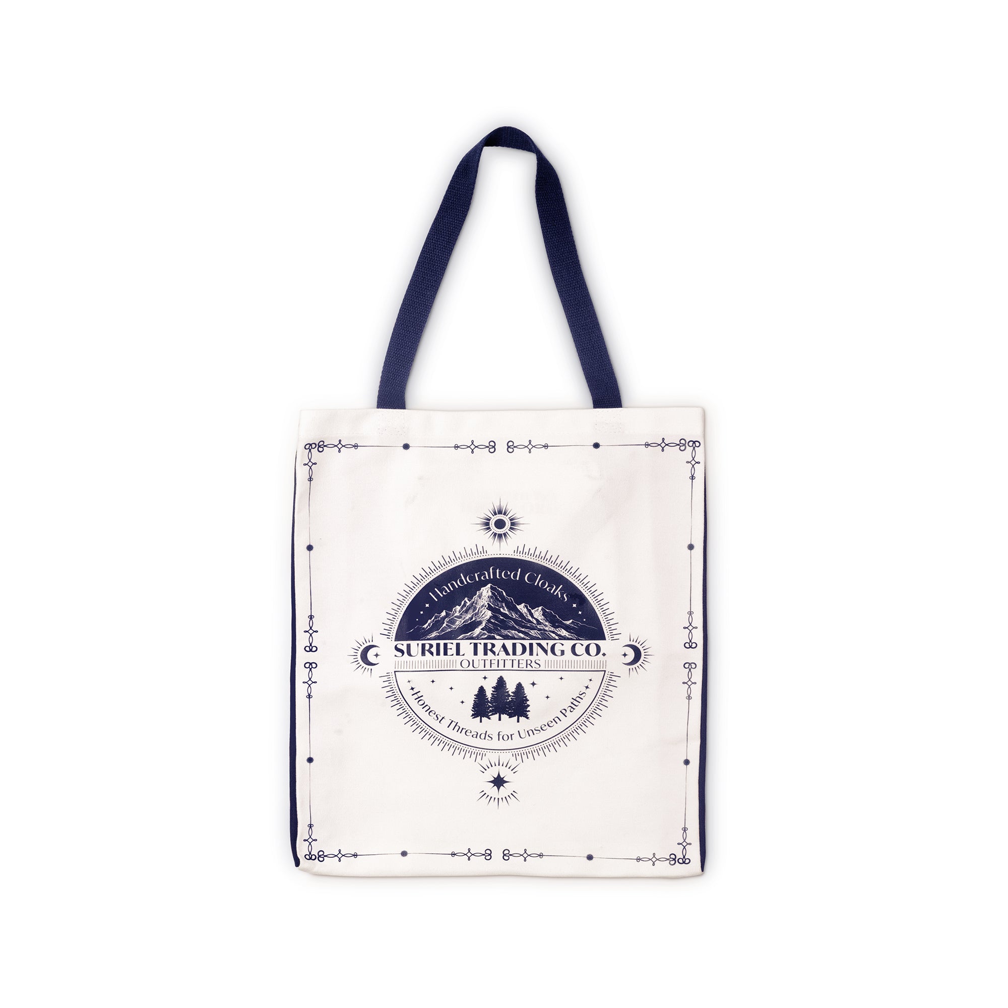 Tote bag with a logo and text on a white background