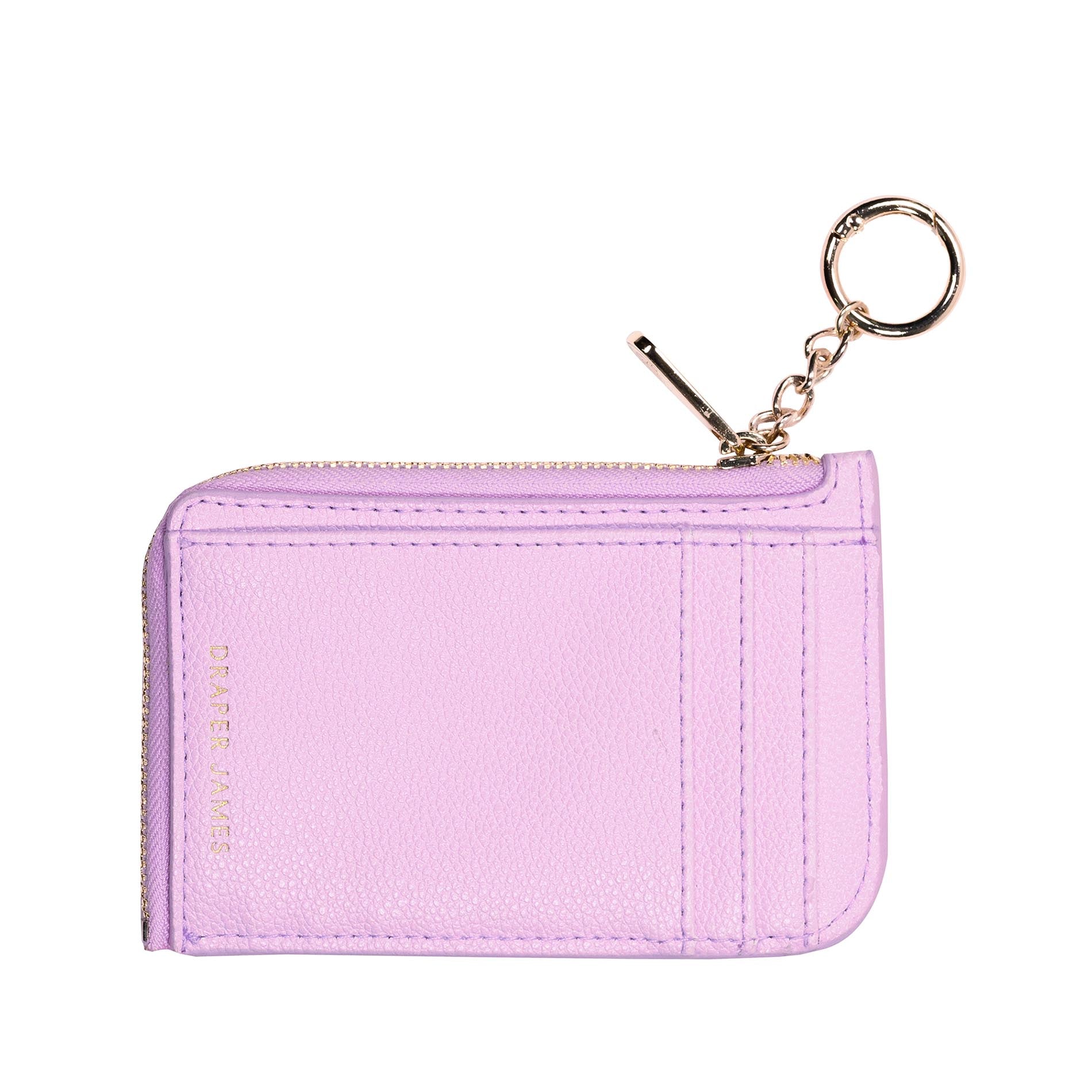 Pink wallet with keychain on a white background