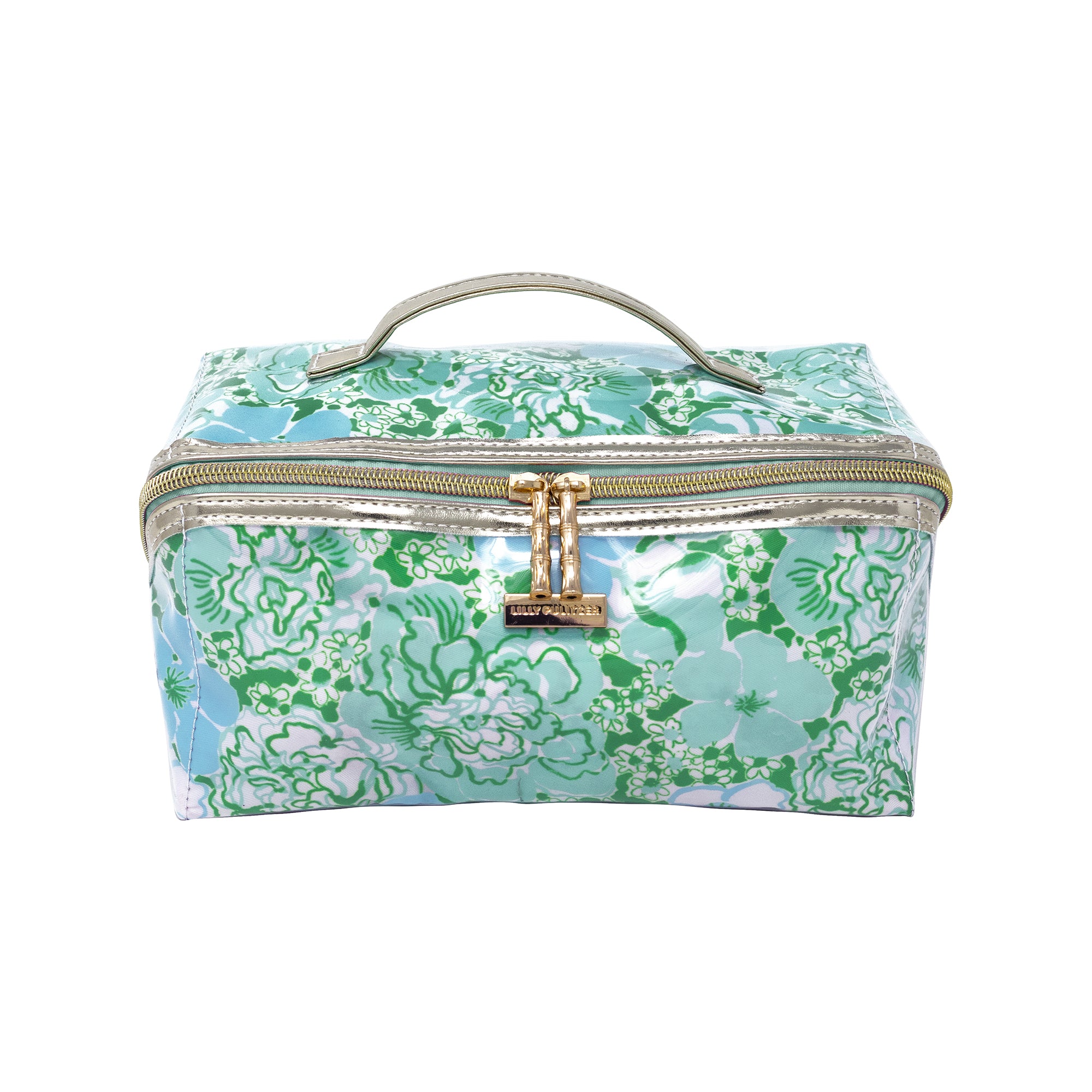 Floral patterned cosmetic bag with gold zipper and handle on a white background