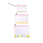 Set of three white pouches with colorful floral and striped patterns on a white background