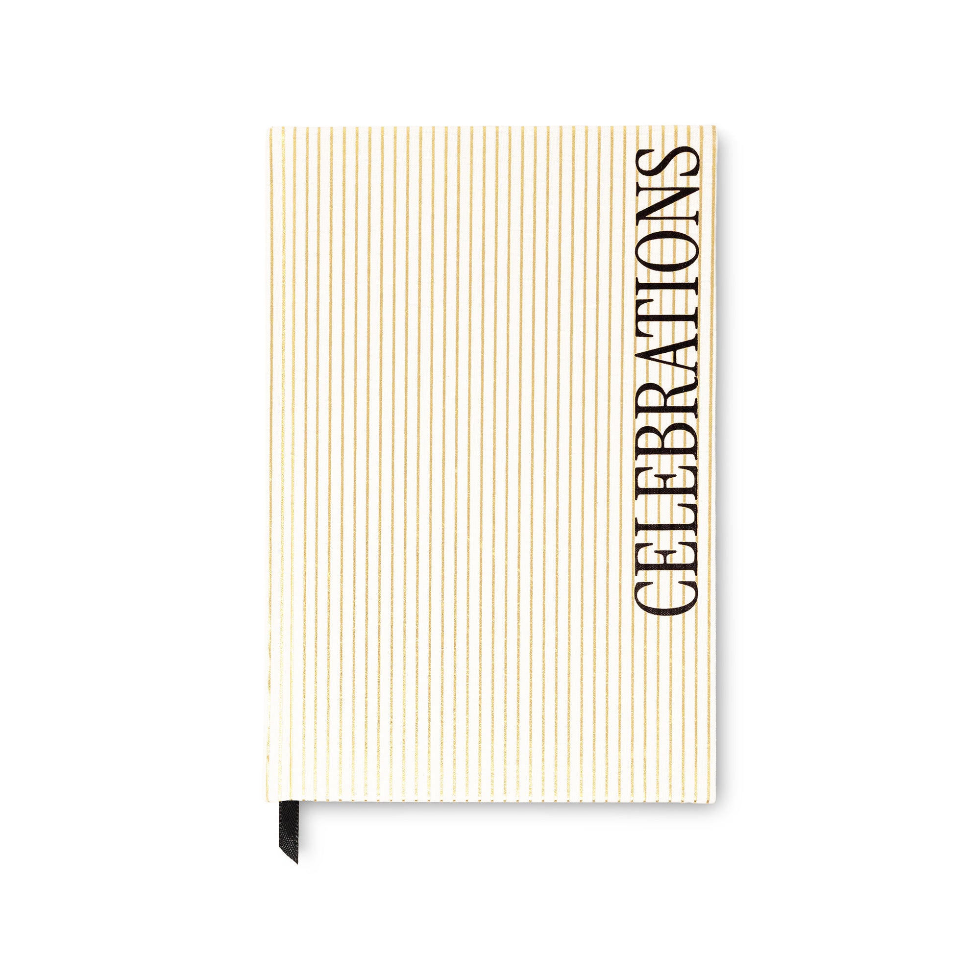 A vertical hardcover notebook with a cream-colored cover featuring thin vertical tan stripes and the word 'CELEBRATIONS' printed in black serif font along the right side, shown on a plain white background.