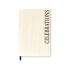 A vertical hardcover notebook with a cream-colored cover featuring thin vertical tan stripes and the word 'CELEBRATIONS' printed in black serif font along the right side, shown on a plain white background.