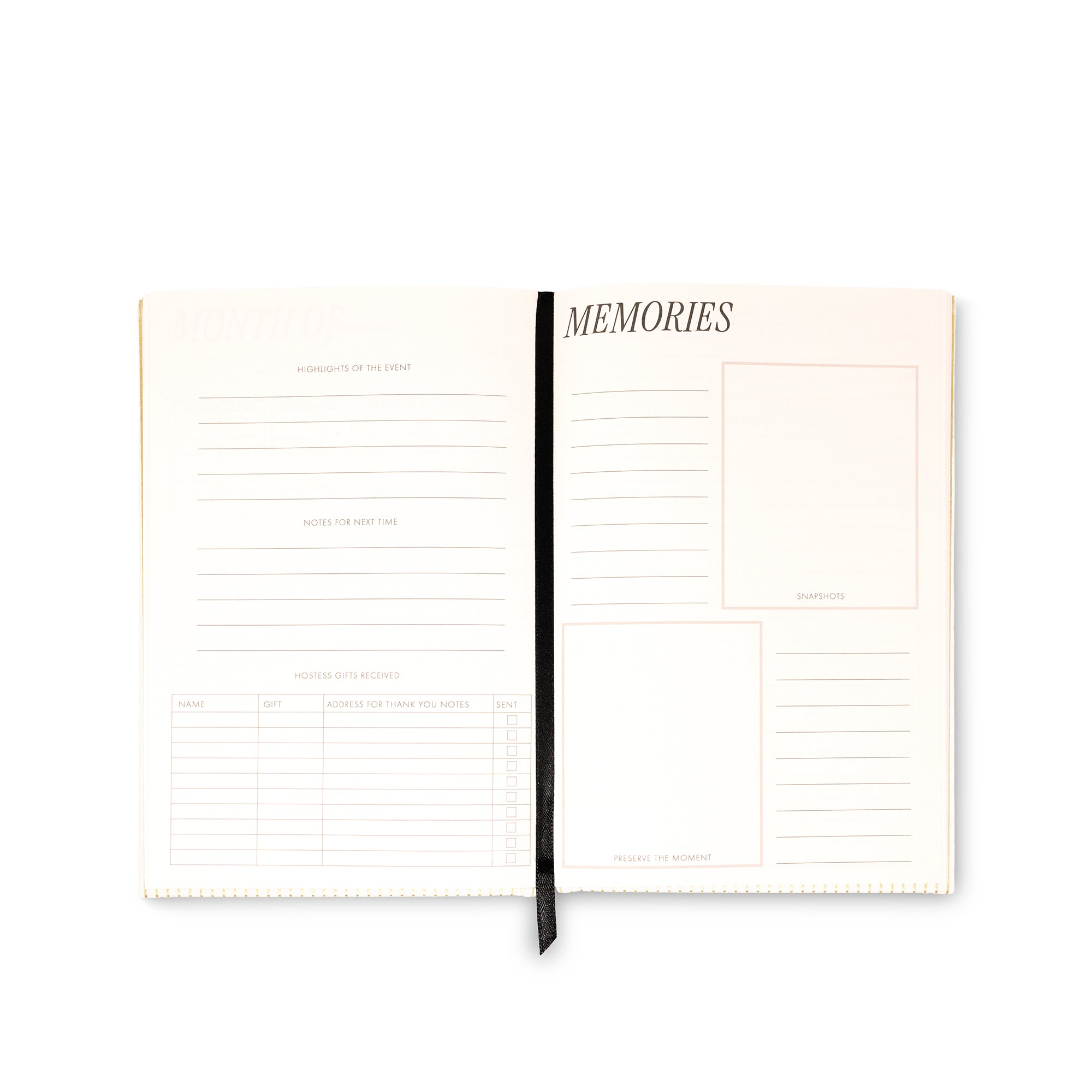 An open cream-colored spiral-bound planner or journal with lined pages, featuring a black elastic closure band and the word 'MEMORIES' printed at the top of one page, shown on a plain white background.