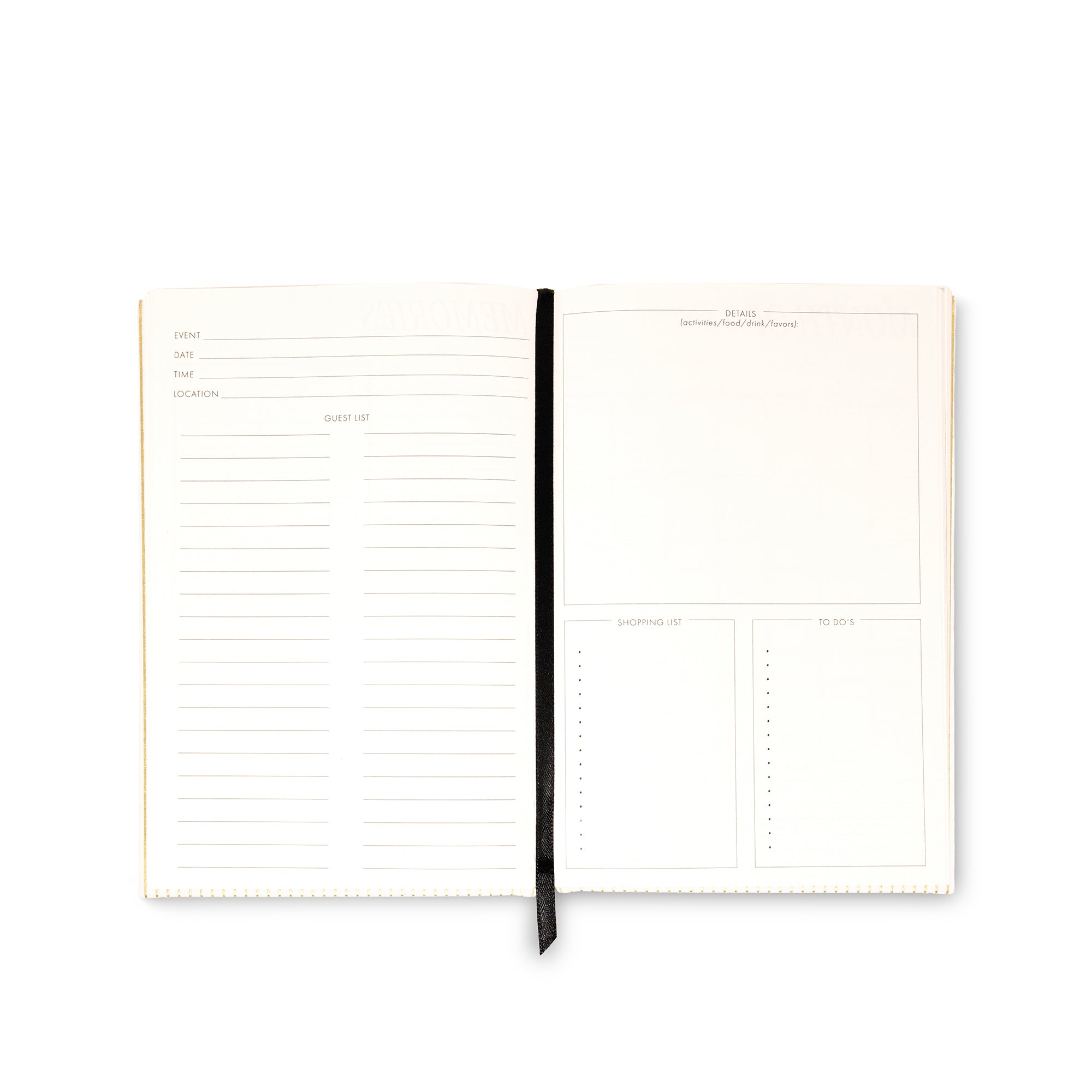 An open cream-colored daily planner or notebook with lined and blank writing sections on the left and right pages, held together by a black ribbon bookmark, shown on a plain white background.