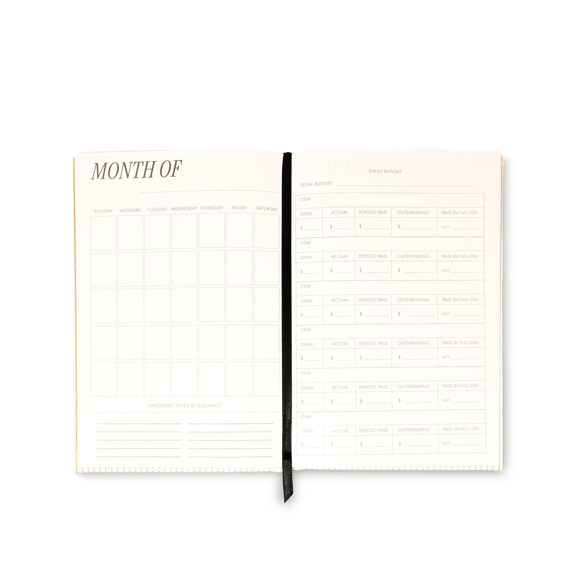 An open monthly planner spread on a clean white background, showing blank calendar and task-tracking pages with a black ribbon bookmark.