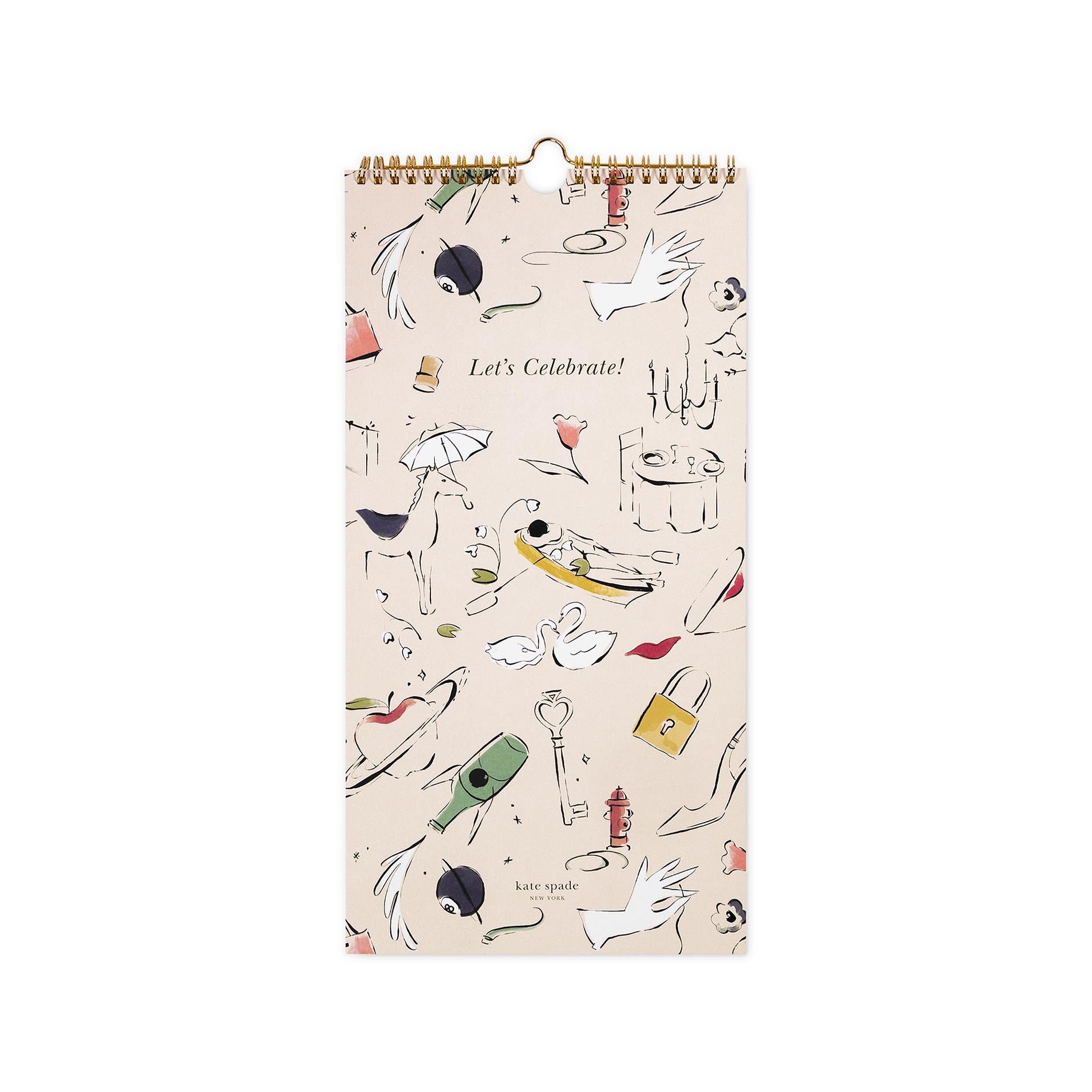 Decorative calendar with illustrations and 'Let's Celebrate!' text on a white background