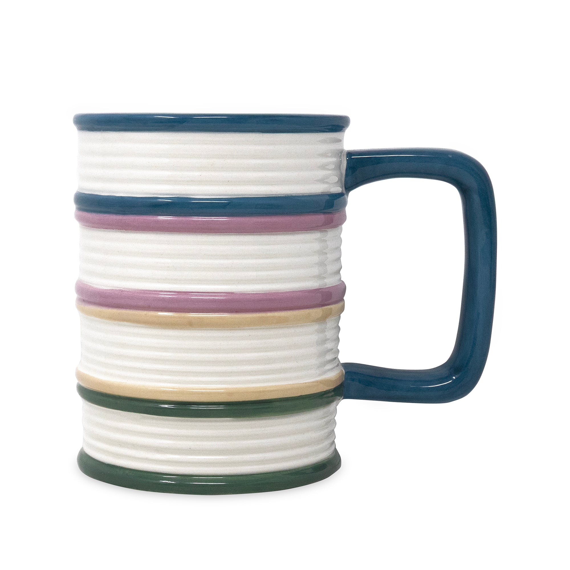 A ribbed ceramic mug with a dark blue handle and rim, featuring horizontal stripes of dark blue, white, dusty pink, beige, and dark green on a white background.