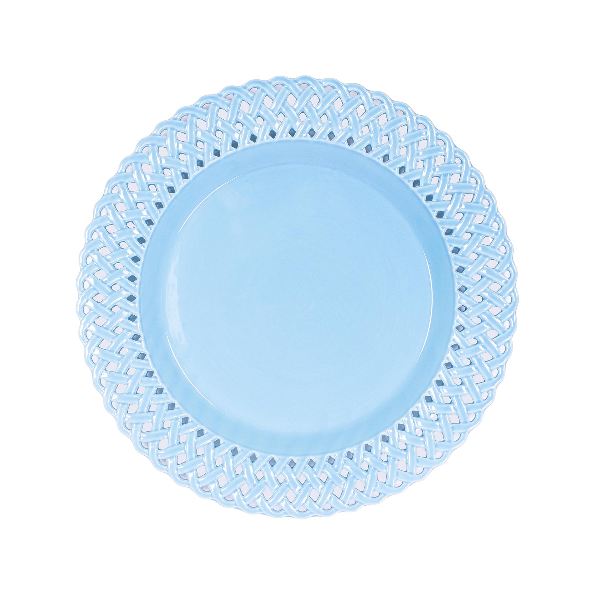 Light blue plate with decorative woven rim on a white background