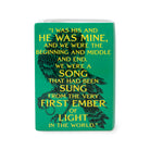 back view of vase that says 'i was his and he was mine, and we were the beginning and middle and end. we were a song that has been sung from very first ember of light in the world'